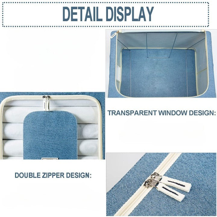 Cutie de Depozitare Pliabila, 66 L, din Bumbac si In, 50x40x33 cm, Fereastra Frontala, 2 Usi de Acces cu Fermoar Bidirectional, Cadru Metalic, Suport Baza Stabil din Plastic, Albastru Marin