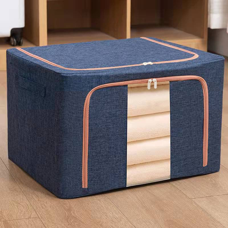 Cutie de Depozitare Pliabila, 66 L, din Bumbac si In, 50x40x33 cm, Fereastra Frontala, 2 Usi de Acces cu Fermoar Bidirectional, Cadru Metalic, Suport Baza Stabil din Plastic, Albastru Marin