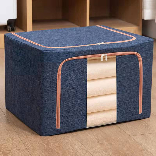 Cutie de Depozitare Pliabila, 66 L, din Bumbac si In, 50x40x33 cm, Fereastra Frontala, 2 Usi de Acces cu Fermoar Bidirectional, Cadru Metalic, Suport Baza Stabil din Plastic, Albastru Marin