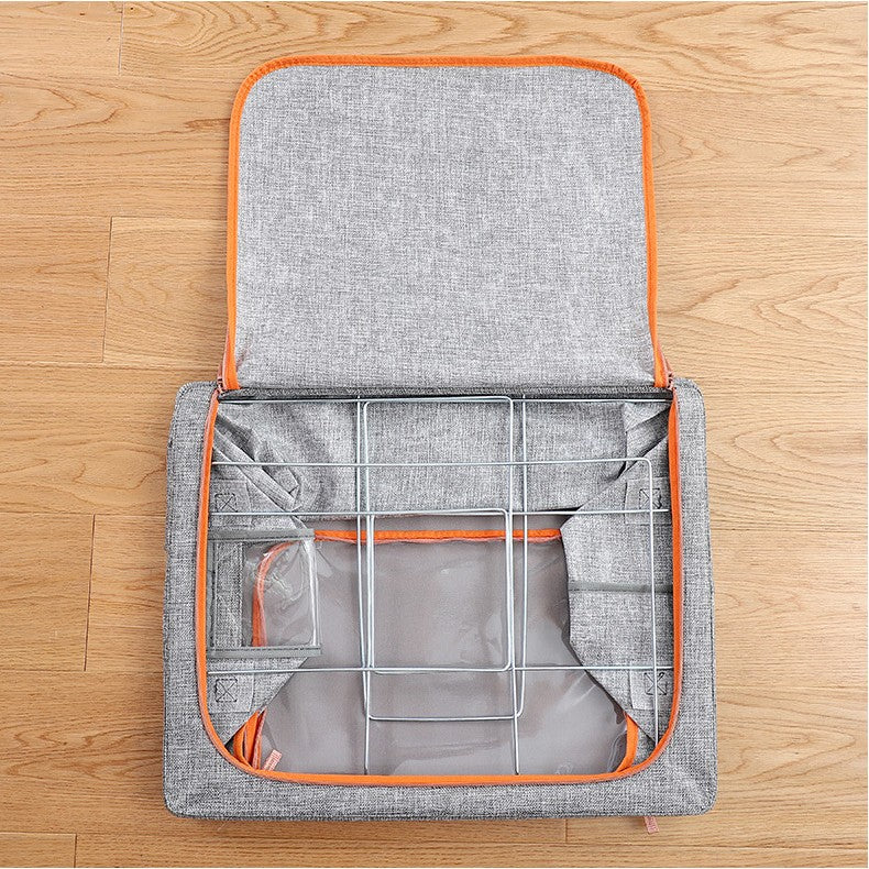 Cutie de Depozitare Pliabila, 66 L, din Bumbac si In, 50x40x33 cm, Fereastra Frontala, 2 Usi de Acces cu Fermoar Bidirectional, Cadru Metalic, Suport Baza Stabil din Plastic, Gri