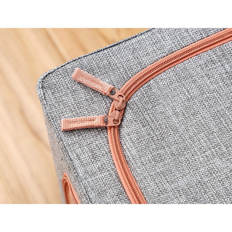 Cutie de Depozitare Pliabila, 66 L, din Bumbac si In, 50x40x33 cm, Fereastra Frontala, 2 Usi de Acces cu Fermoar Bidirectional, Cadru Metalic, Suport Baza Stabil din Plastic, Gri