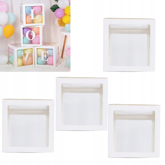 Set 4 Cutii pentru Baloane, Model Simplu, Tematica Aniversare, Cuburi Decorative din Plastic, Accesorii pentru Petrecere, 30 x30 cm, Transparente Contur Alb