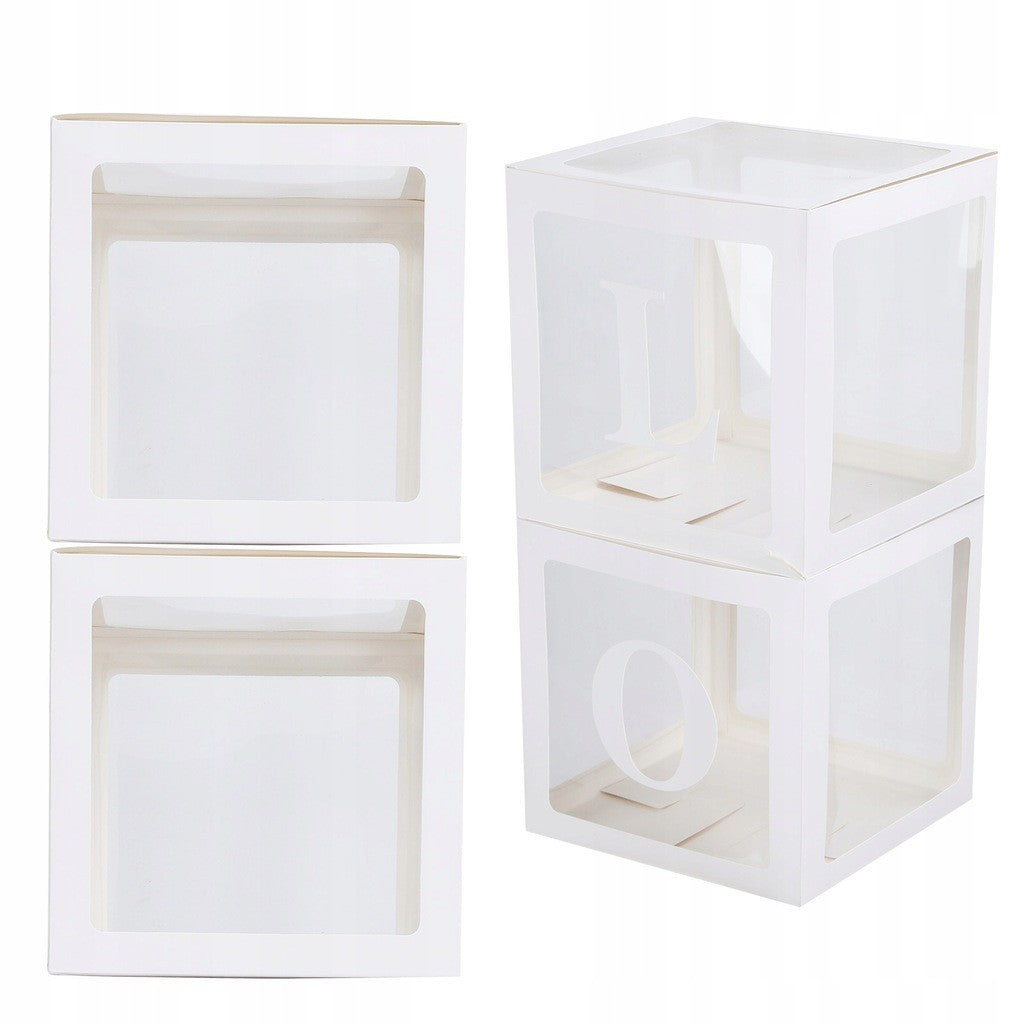 Set 4 Cutii pentru Baloane, Model Simplu, Tematica Aniversare, Cuburi Decorative din Plastic, Accesorii pentru Petrecere, 30 x30 cm, Transparente Contur Alb