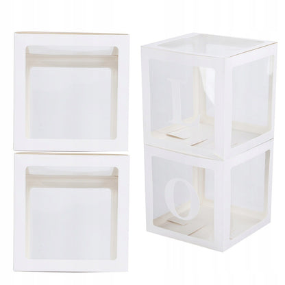 Set 4 Cutii pentru Baloane, Model Simplu, Tematica Aniversare, Cuburi Decorative din Plastic, Accesorii pentru Petrecere, 30 x30 cm, Transparente Contur Alb
