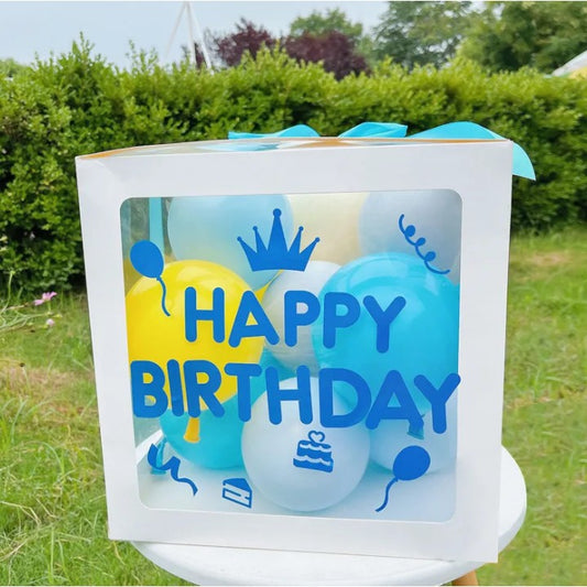 Cutie pentru Baloane, Tematica Aniversare, Model Scris Happy Birthday, Baloane Albastre, Albe, Galbene si Panglica Incluse, Contur Alb, Transparenta, 30x30 cm