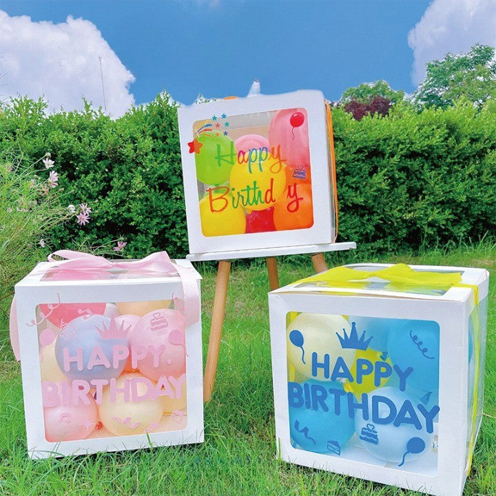 Cutie pentru Baloane, Tematica Aniversare, Model Scris Happy Birthday, Baloane Albastre, Albe, Galbene si Panglica Incluse, Contur Alb, Transparenta, 30x30 cm