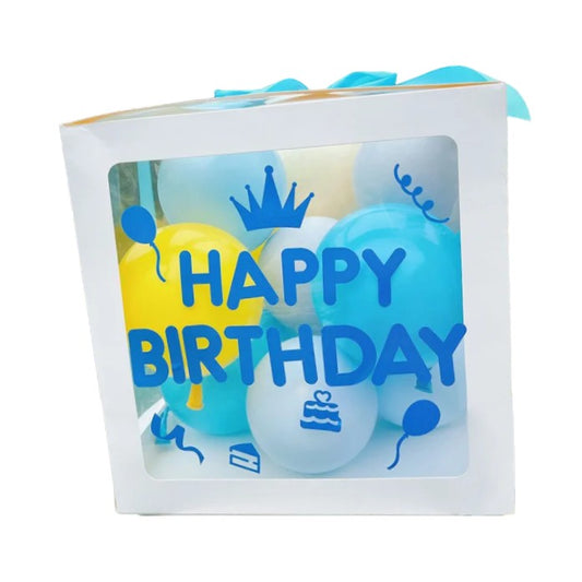 Cutie pentru Baloane, Tematica Aniversare, Model Scris Happy Birthday, Baloane Albastre, Albe, Galbene si Panglica Incluse, Contur Alb, Transparenta, 30x30 cm