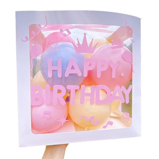 Cutie pentru Baloane, Tematica Aniversare, Model Scris Happy Birthday, Baloane Albastre, Roz, Galbene si Panglica Incluse, Contur Alb, Transparenta, 30x30 cm