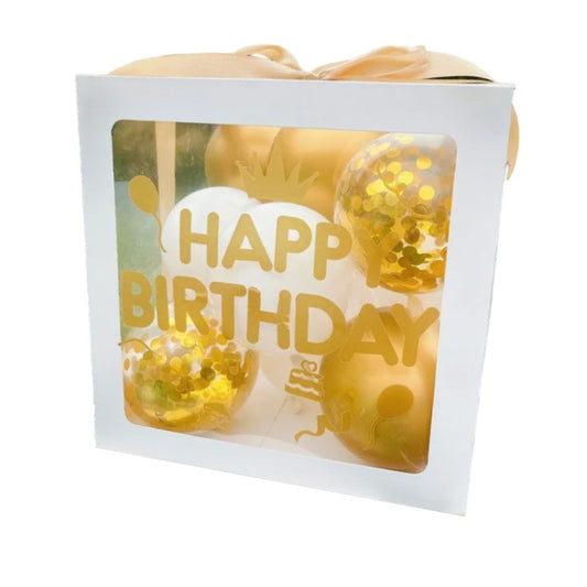 Cutie pentru Baloane, Tematica Aniversare, Model Scris Happy Birthday, Baloane Aurii, Albe si Panglica Incluse, Contur Alb, Transparenta, 30x30 cm