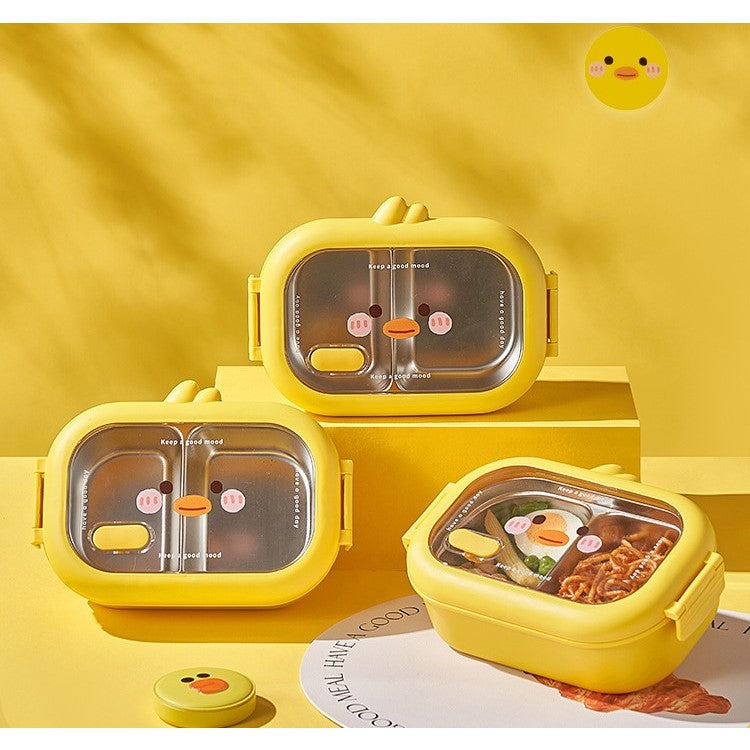 Cutie pentru Pranz sau Gustari, cu Doua Compartimente, Model Ratusca, pentru Copii si Adulti, Etansare, PP, Perfect pentru Scoala si Birou, 1000 mL, 22.5x14.5x8 cm, Galben