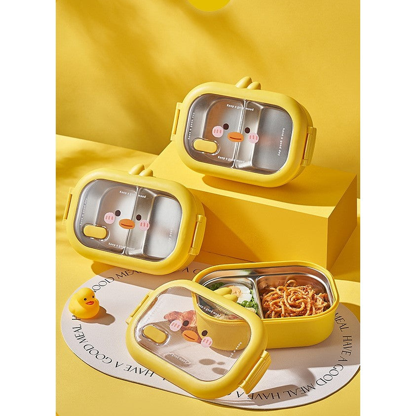 Cutie pentru Pranz sau Gustari, cu Doua Compartimente, Model Ratusca, pentru Copii si Adulti, Etansare, PP, Perfect pentru Scoala si Birou, 1000 mL, 22.5x14.5x8 cm, Galben