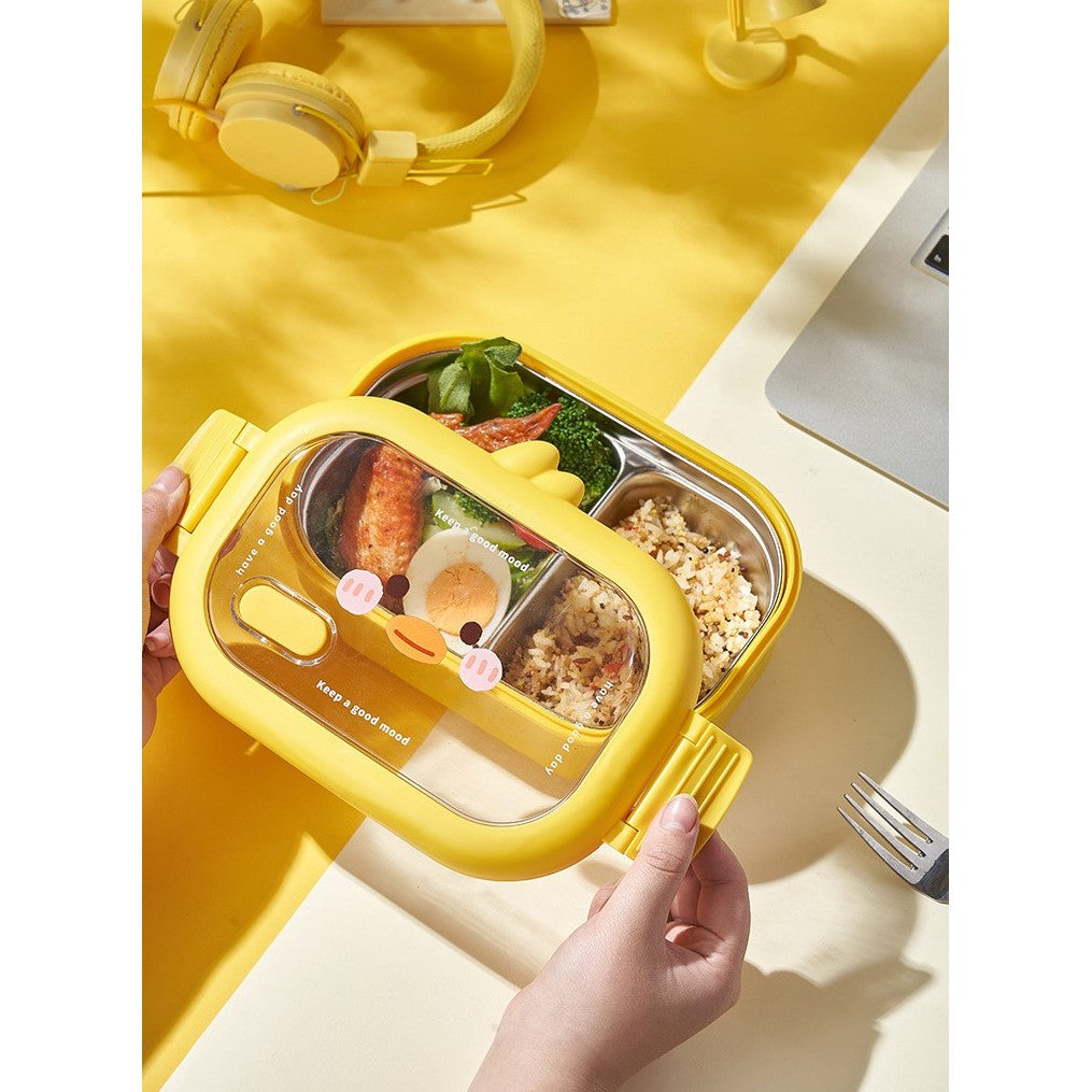 Cutie pentru Pranz sau Gustari, cu Doua Compartimente, Model Ratusca, pentru Copii si Adulti, Etansare, PP, Perfect pentru Scoala si Birou, 1000 mL, 22.5x14.5x8 cm, Galben