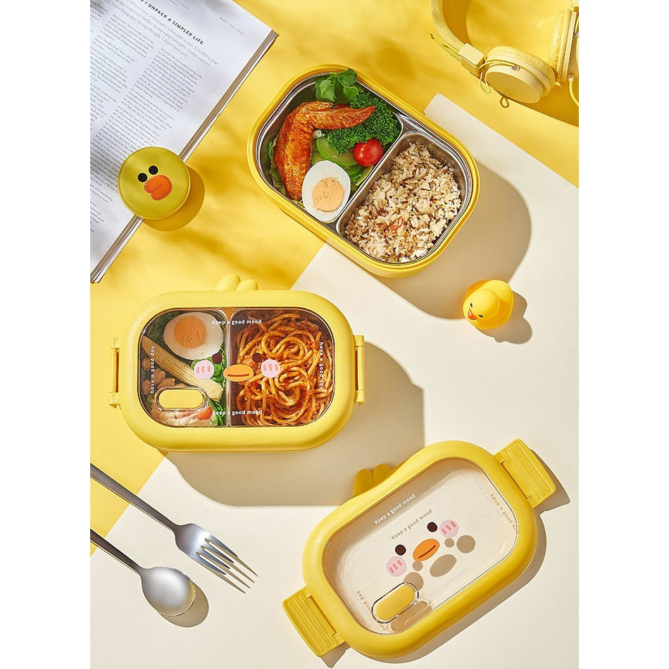Cutie pentru Pranz sau Gustari, cu Doua Compartimente, Model Ratusca, pentru Copii si Adulti, Etansare, PP, Perfect pentru Scoala si Birou, 1000 mL, 22.5x14.5x8 cm, Galben