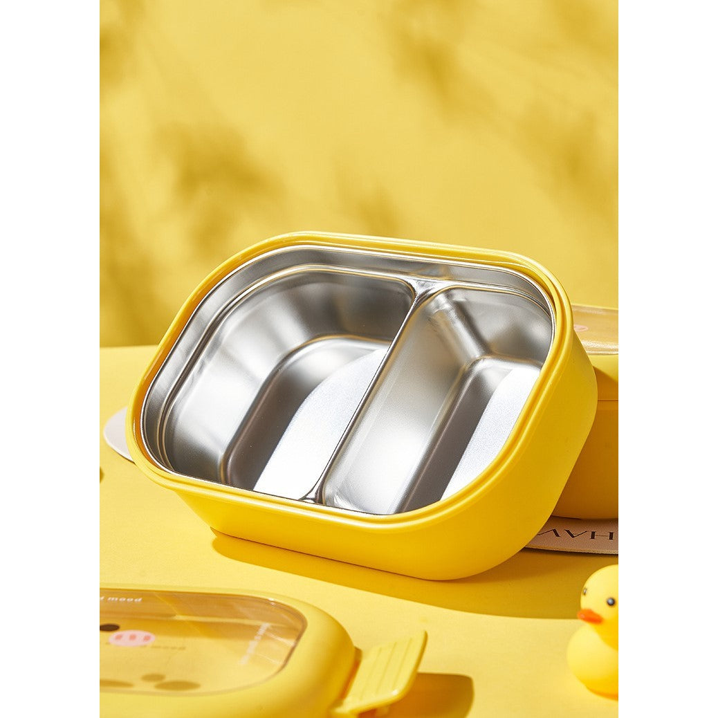Cutie pentru Pranz sau Gustari, cu Doua Compartimente, Model Ratusca, pentru Copii si Adulti, Etansare, PP, Perfect pentru Scoala si Birou, 1000 mL, 22.5x14.5x8 cm, Galben