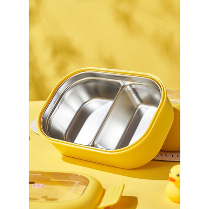 Cutie pentru Pranz sau Gustari, cu Doua Compartimente, Model Ratusca, pentru Copii si Adulti, Etansare, PP, Perfect pentru Scoala si Birou, 1000 mL, 22.5x14.5x8 cm, Galben