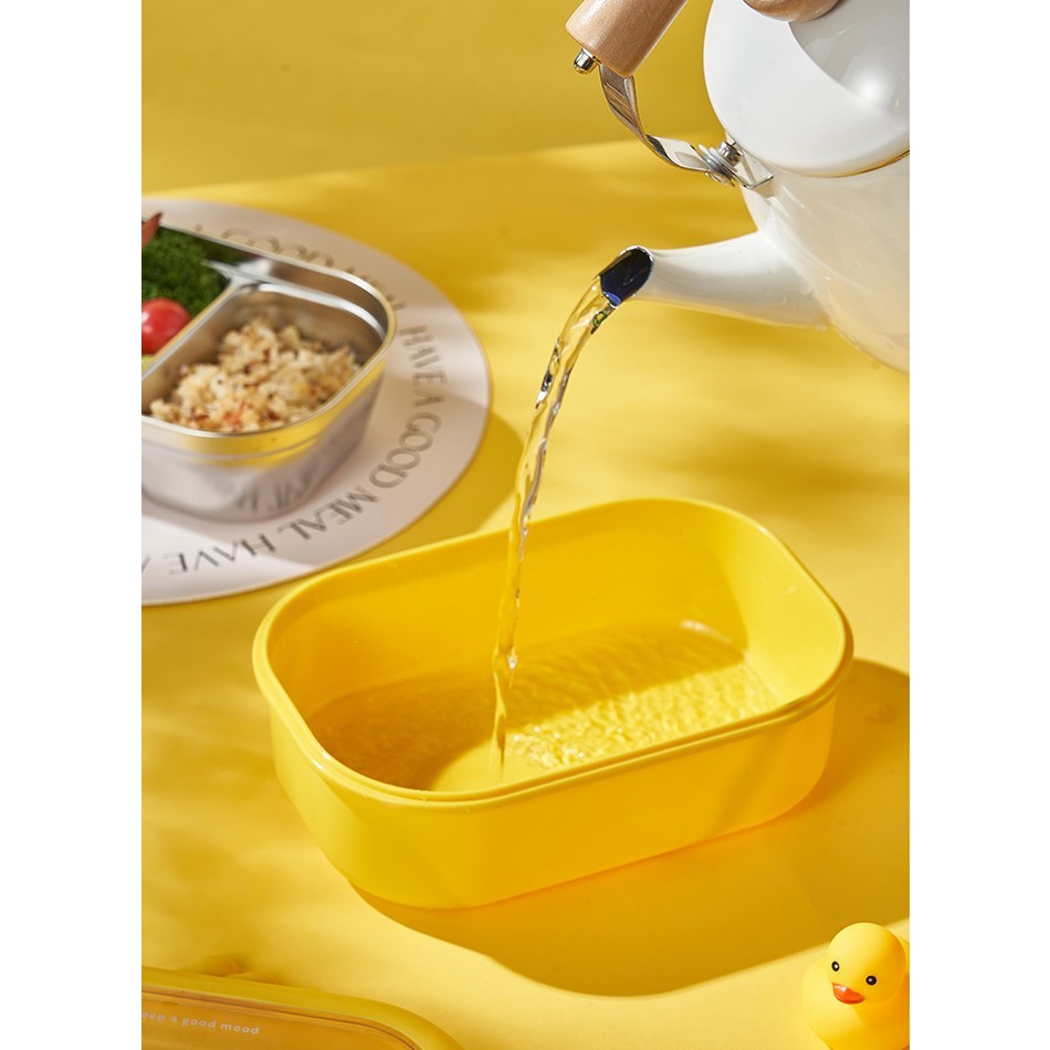 Cutie pentru Pranz sau Gustari, cu Doua Compartimente, Model Ratusca, pentru Copii si Adulti, Etansare, PP, Perfect pentru Scoala si Birou, 1000 mL, 22.5x14.5x8 cm, Galben