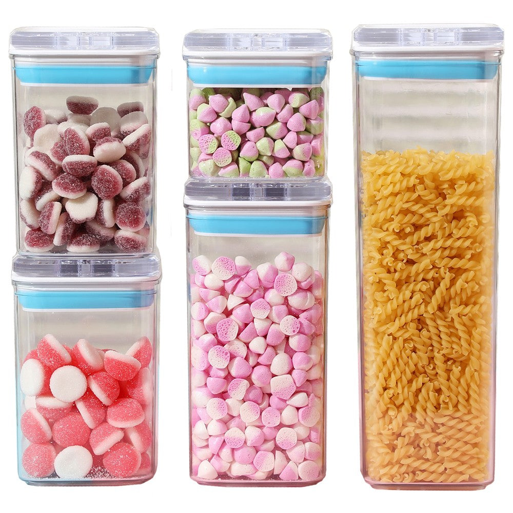 Cutii de Depozitare Alimente, Set din 5 Cutii de tip Container, 1x0.5 l, 2x0.8 l, 1x1.2 l, 1x1.9 l, Recipiente pentru Cereale in Bucatarie,  Transparente cu Capac Albastru-Alb