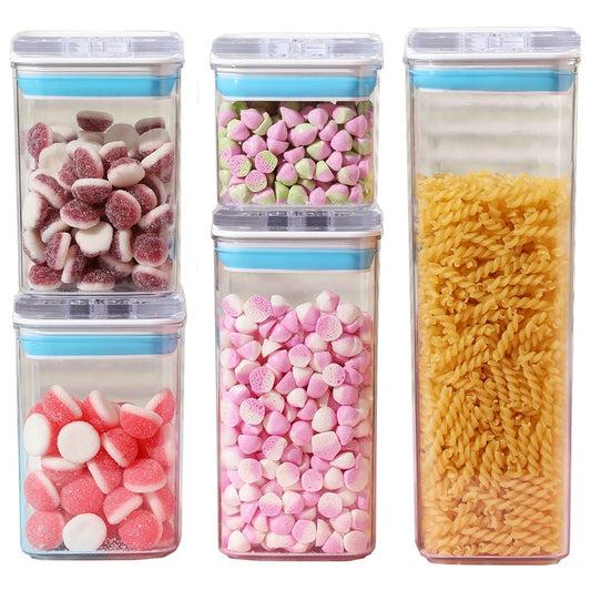 Cutii de Depozitare Alimente, Set din 5 Cutii de tip Container, 1x0.5 l, 2x0.8 l, 1x1.2 l, 1x1.9 l, Recipiente pentru Cereale in Bucatarie,  Transparente cu Capac Albastru-Alb