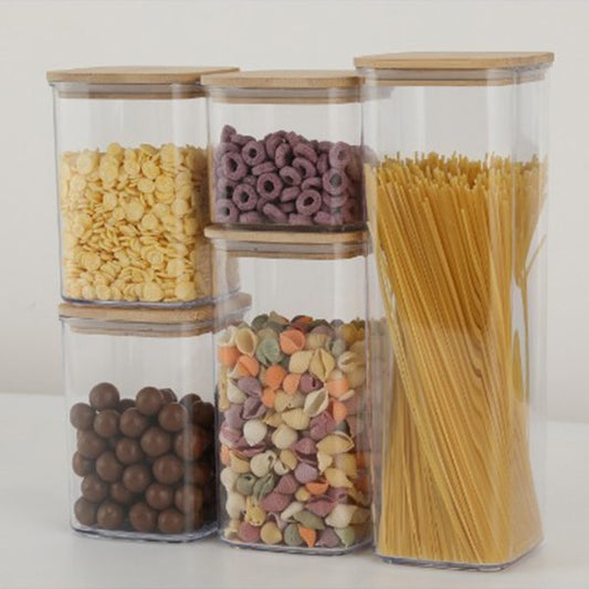 Cutii de Depozitare Alimente, Set din 5 Cutii de tip Container, Cutii pentru Cereale, din Plastic, Capac din Bambuc, 1pc 0.5 l. 2pc 0.8 l, 2pc 1.2 l, 1pc 1.9 l,  Transparente