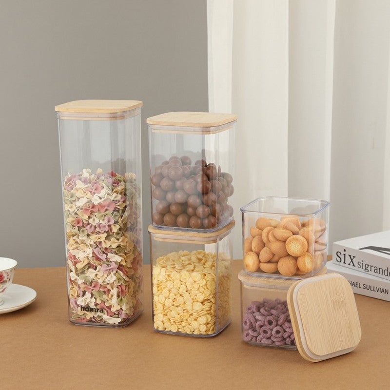 Cutii de Depozitare Alimente, Set din 5 Cutii de tip Container, Cutii pentru Cereale, din Plastic, Capac din Bambuc, 1pc 0.5 l. 2pc 0.8 l, 2pc 1.2 l, 1pc 1.9 l, Transparente