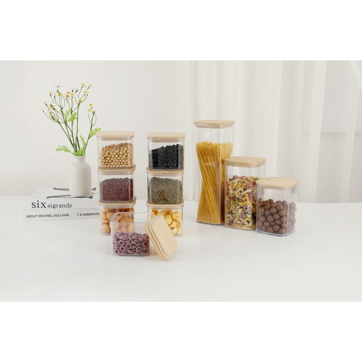 Cutii de Depozitare Alimente, Set din 5 Cutii de tip Container, Cutii pentru Cereale, din Plastic, Capac din Bambuc, 1pc 0.5 l. 2pc 0.8 l, 2pc 1.2 l, 1pc 1.9 l, Transparente