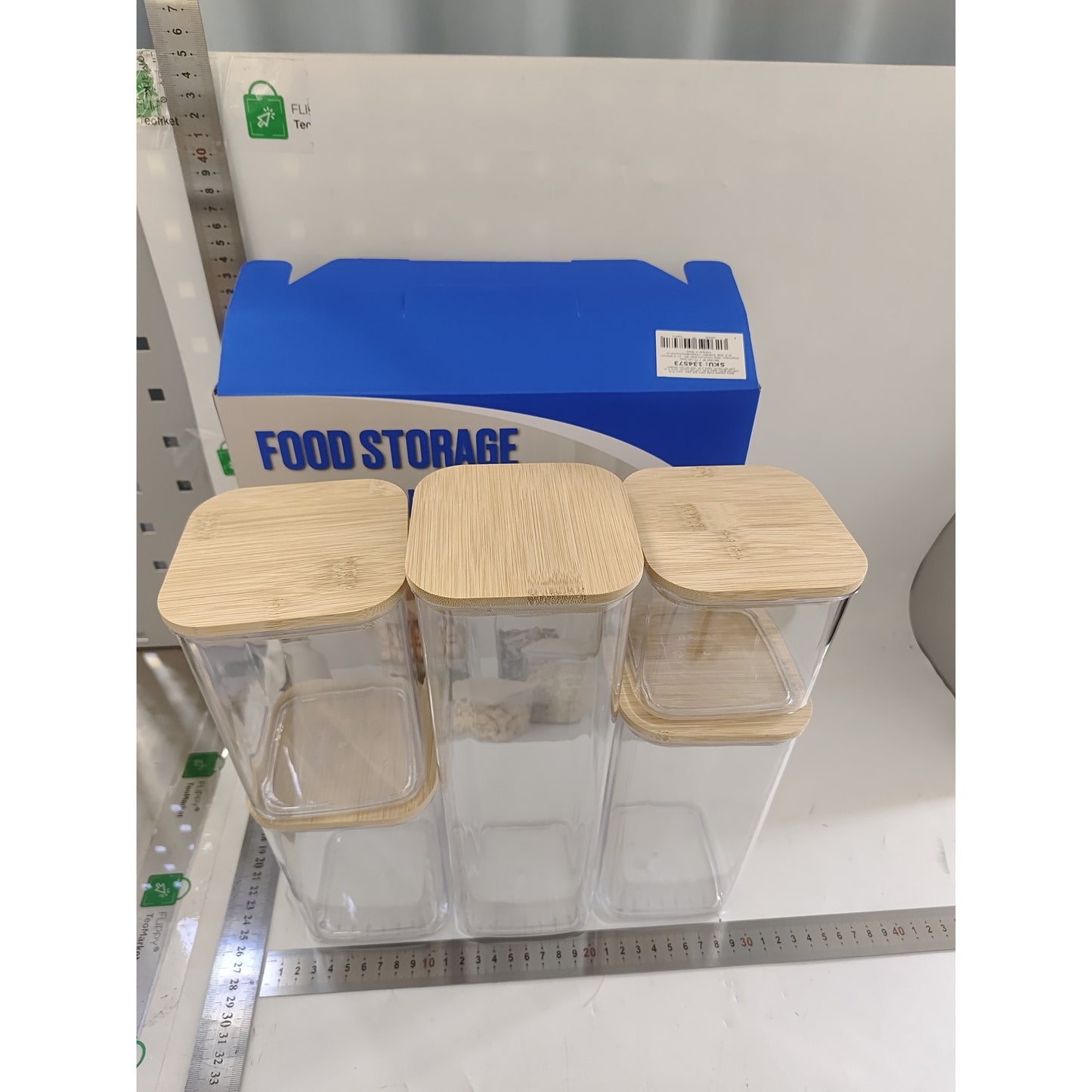 Cutii de Depozitare Alimente, Set din 5 Cutii de tip Container, Cutii pentru Cereale, din Plastic, Capac din Bambuc, 1pc 0.5 l. 2pc 0.8 l, 2pc 1.2 l, 1pc 1.9 l, Transparente