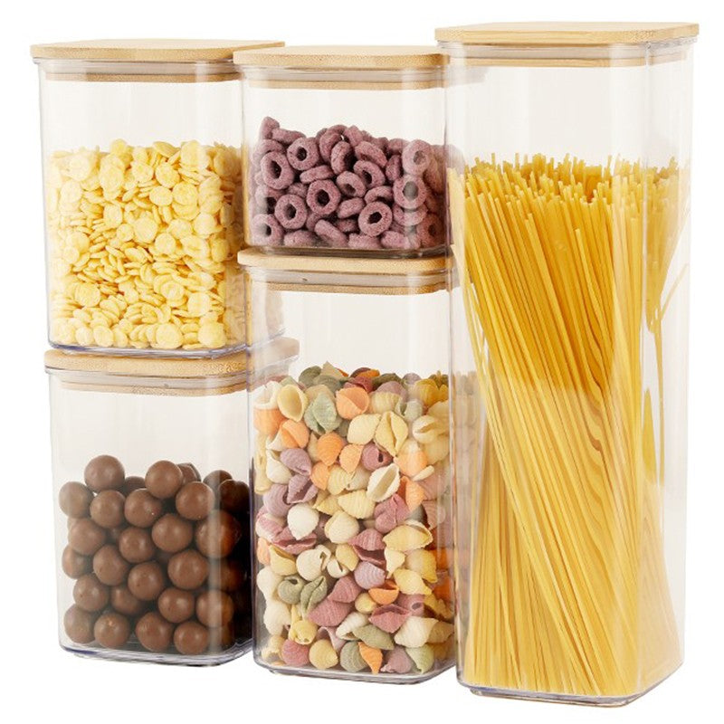 Cutii de Depozitare Alimente, Set din 5 Cutii de tip Container, Cutii pentru Cereale, din Plastic, Capac din Bambuc, 1pc 0.5 l. 2pc 0.8 l, 2pc 1.2 l, 1pc 1.9 l, Transparente