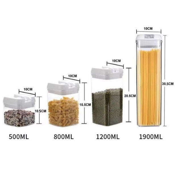 Cutii de Depozitare Alimente, set din 5 Cutii pentru Condimente, Volumetrie 0.5l, 0.8l, 1.2l, 1.9l, Transparente cu Capac Alb