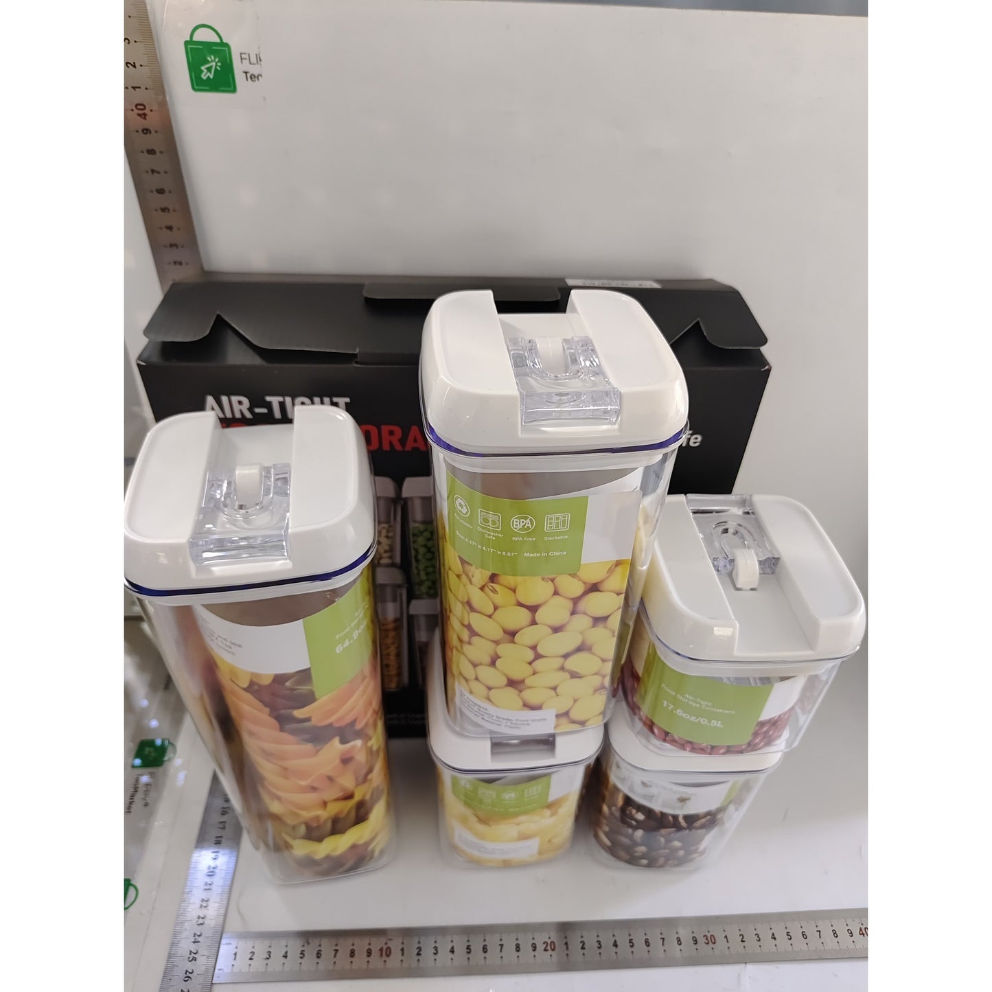 Cutii de Depozitare Alimente, set din 5 Cutii pentru Condimente, Volumetrie 0.5l, 0.8l, 1.2l, 1.9l, Transparente cu Capac Alb
