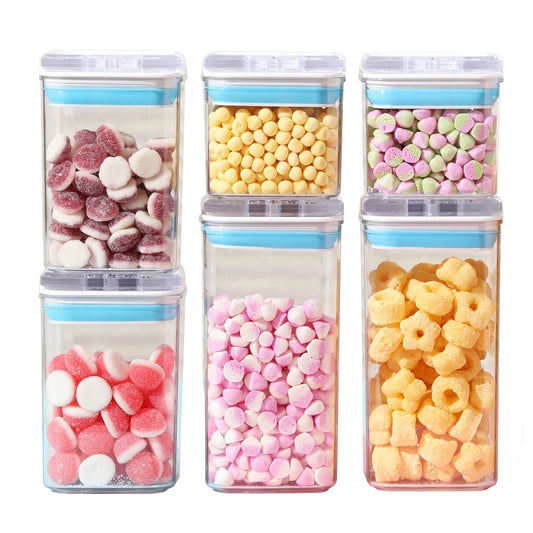 Cutii de Depozitare Alimente, Set din 6 Cutii de tip Container, 2x0.5 l, 2x0.8 l, 2x1.2 l, Recipiente pentru Cereale in Bucatarie,  Transparente cu Capac Albastru-Alb