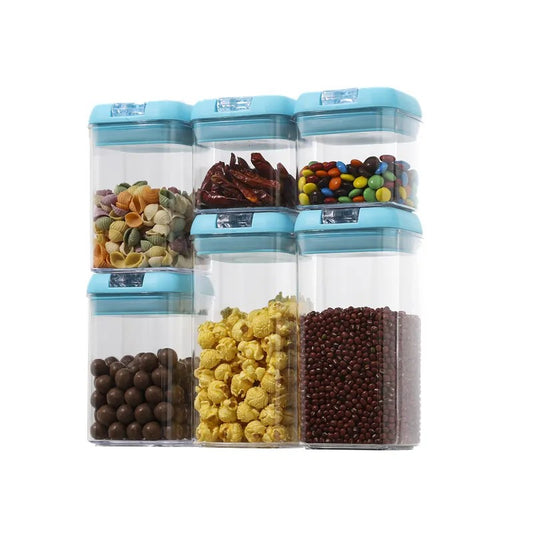 Cutii de Depozitare Alimente, Set din 6 Cutii de tip Container, 2x0.5 l, 2x0.8 l, 2x1.2 l, Recipiente pentru Cereale in Bucatarie,  Transparente cu Capac Albastru