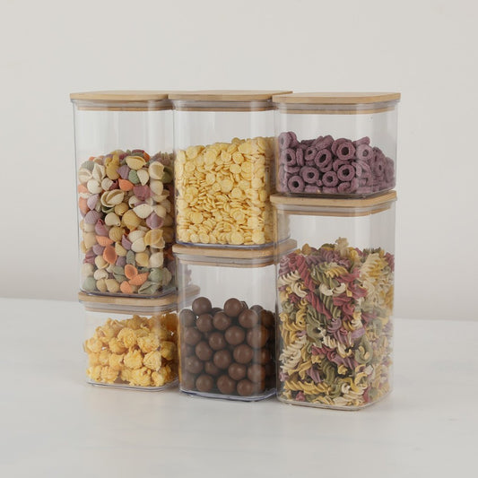 Cutii de Depozitare Alimente, Set din 6 Cutii de tip Container, Cutii pentru Cereale, din Plastic, Capac din Bambuc, 2pc 0.5 l. 2pc 0.8 l, 2pc 1.2 l, Transparente