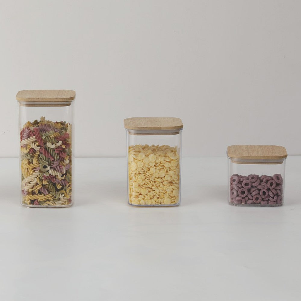 Cutii de Depozitare Alimente, Set din 6 Cutii de tip Container, Cutii pentru Cereale, din Plastic, Capac din Bambuc, 2pc 0.5 l. 2pc 0.8 l, 2pc 1.2 l, Transparente