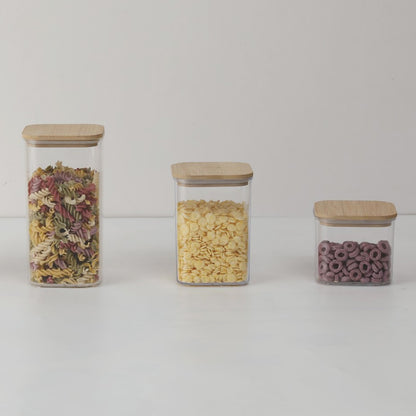 Cutii de Depozitare Alimente, Set din 6 Cutii de tip Container, Cutii pentru Cereale, din Plastic, Capac din Bambuc, 2pc 0.5 l. 2pc 0.8 l, 2pc 1.2 l, Transparente