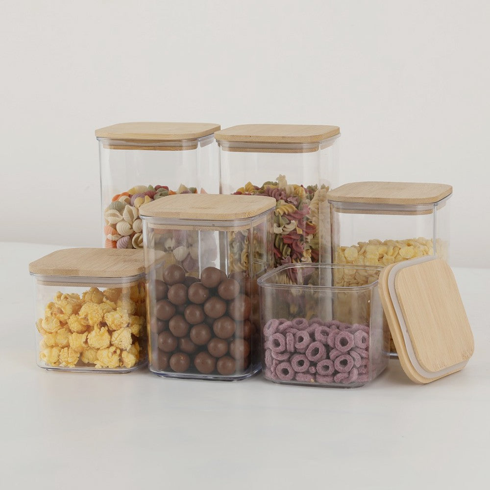 Cutii de Depozitare Alimente, Set din 6 Cutii de tip Container, Cutii pentru Cereale, din Plastic, Capac din Bambuc, 2pc 0.5 l. 2pc 0.8 l, 2pc 1.2 l, Transparente
