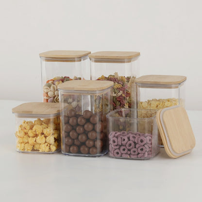 Cutii de Depozitare Alimente, Set din 6 Cutii de tip Container, Cutii pentru Cereale, din Plastic, Capac din Bambuc, 2pc 0.5 l. 2pc 0.8 l, 2pc 1.2 l, Transparente