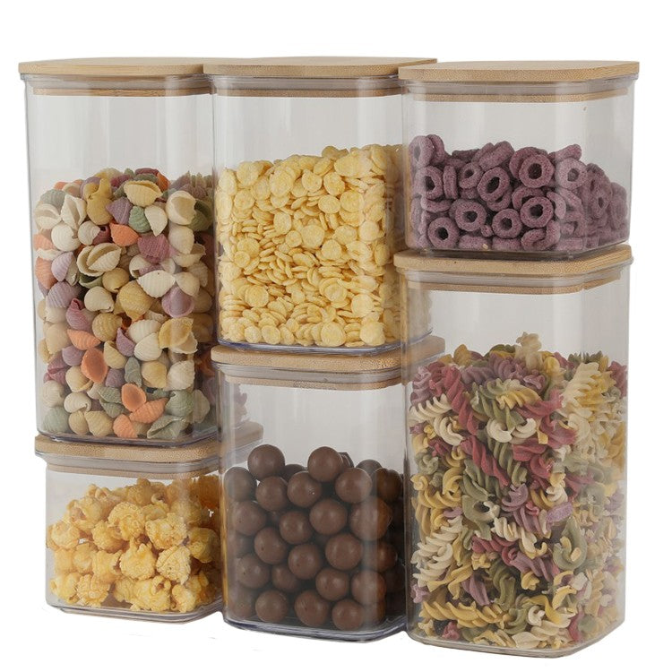 Cutii de Depozitare Alimente, Set din 6 Cutii de tip Container, Cutii pentru Cereale, din Plastic, Capac din Bambuc, 2pc 0.5 l. 2pc 0.8 l, 2pc 1.2 l, Transparente
