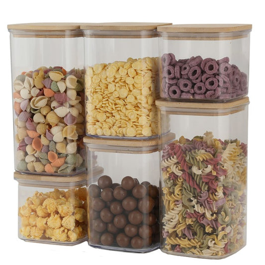 Cutii de Depozitare Alimente, Set din 6 Cutii de tip Container, Cutii pentru Cereale, din Plastic, Capac din Bambuc, 2pc 0.5 l. 2pc 0.8 l, 2pc 1.2 l, Transparente