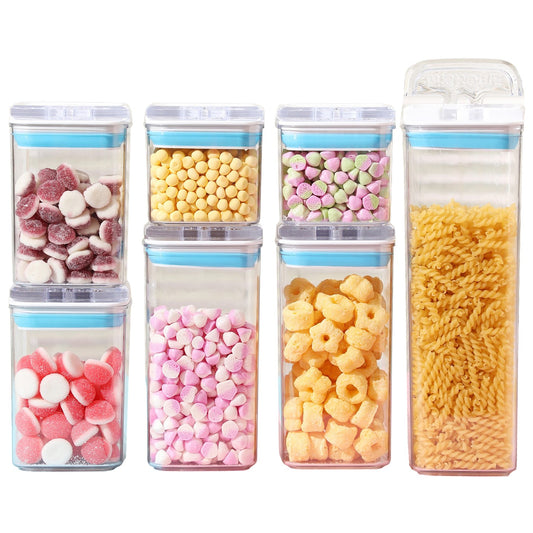 Cutii de Depozitare Alimente, Set din 7 Cutii de tip Container, 2x0.5 l, 2x0.8 l, 2x1.2 l, 1x1.9 l, Recipiente pentru Cereale in Bucatarie,  Transparente cu Capac Albastru-Alb