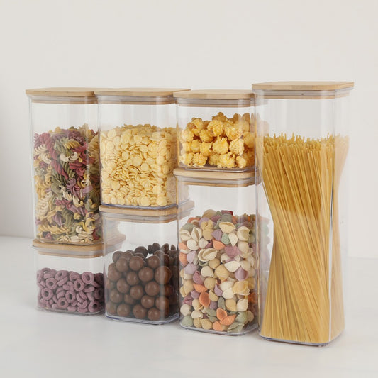 Cutii de Depozitare Alimente, Set din 7 Cutii de tip Container, Cutii pentru Cereale, din Plastic, Capac din Bambuc, 2pc 0.5 l, 2pc 0.8 l, 2pc 1.2 l, 1pc 2.5 l, Transparente