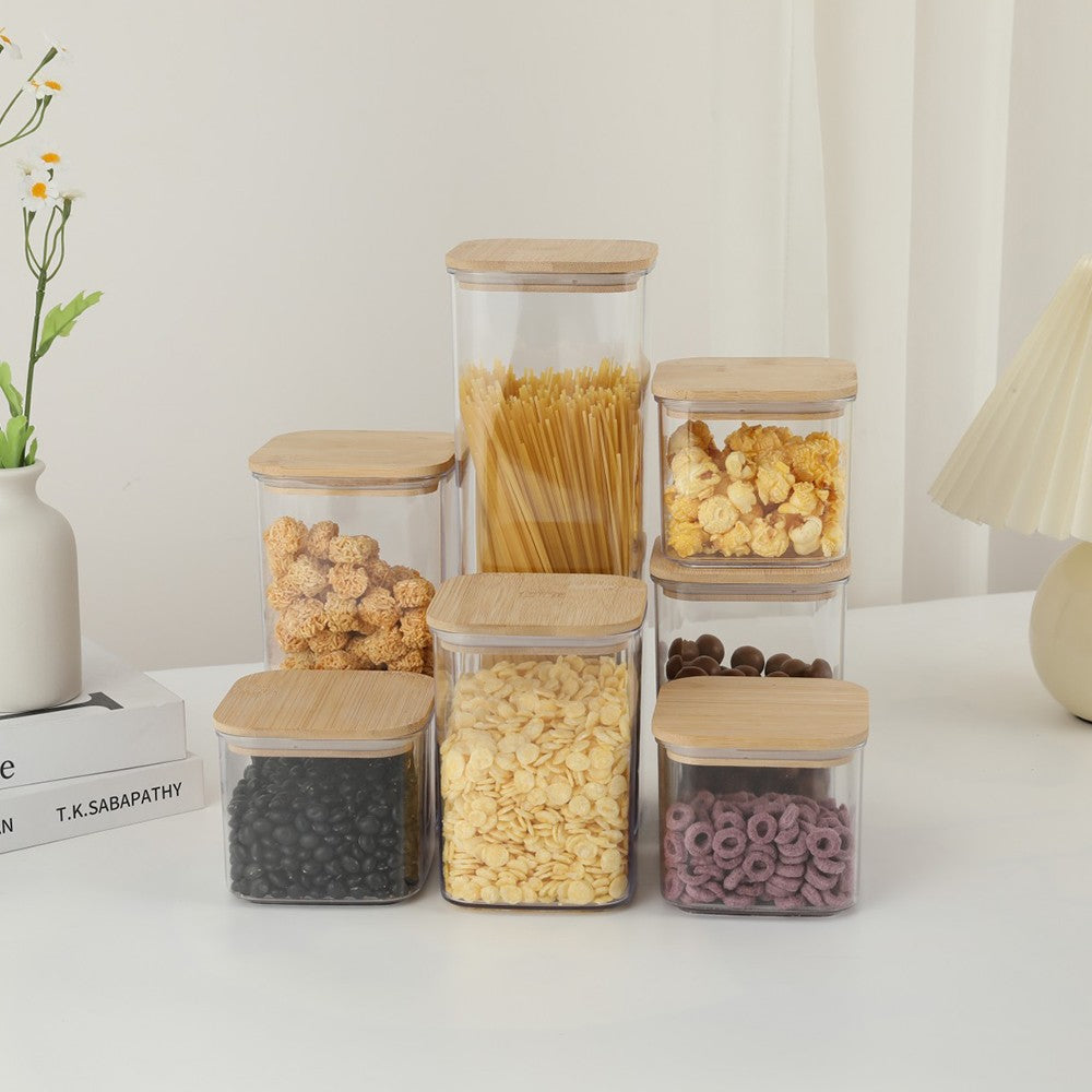 Cutii de Depozitare Alimente, Set din 7 Cutii de tip Container, Cutii pentru Cereale, din Plastic, Capac din Bambuc, 2pc 0.5 l, 2pc 0.8 l, 2pc 1.2 l, 1pc 2.5 l, Transparente