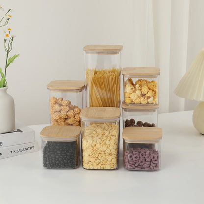 Cutii de Depozitare Alimente, Set din 7 Cutii de tip Container, Cutii pentru Cereale, din Plastic, Capac din Bambuc, 2pc 0.5 l, 2pc 0.8 l, 2pc 1.2 l, 1pc 2.5 l, Transparente