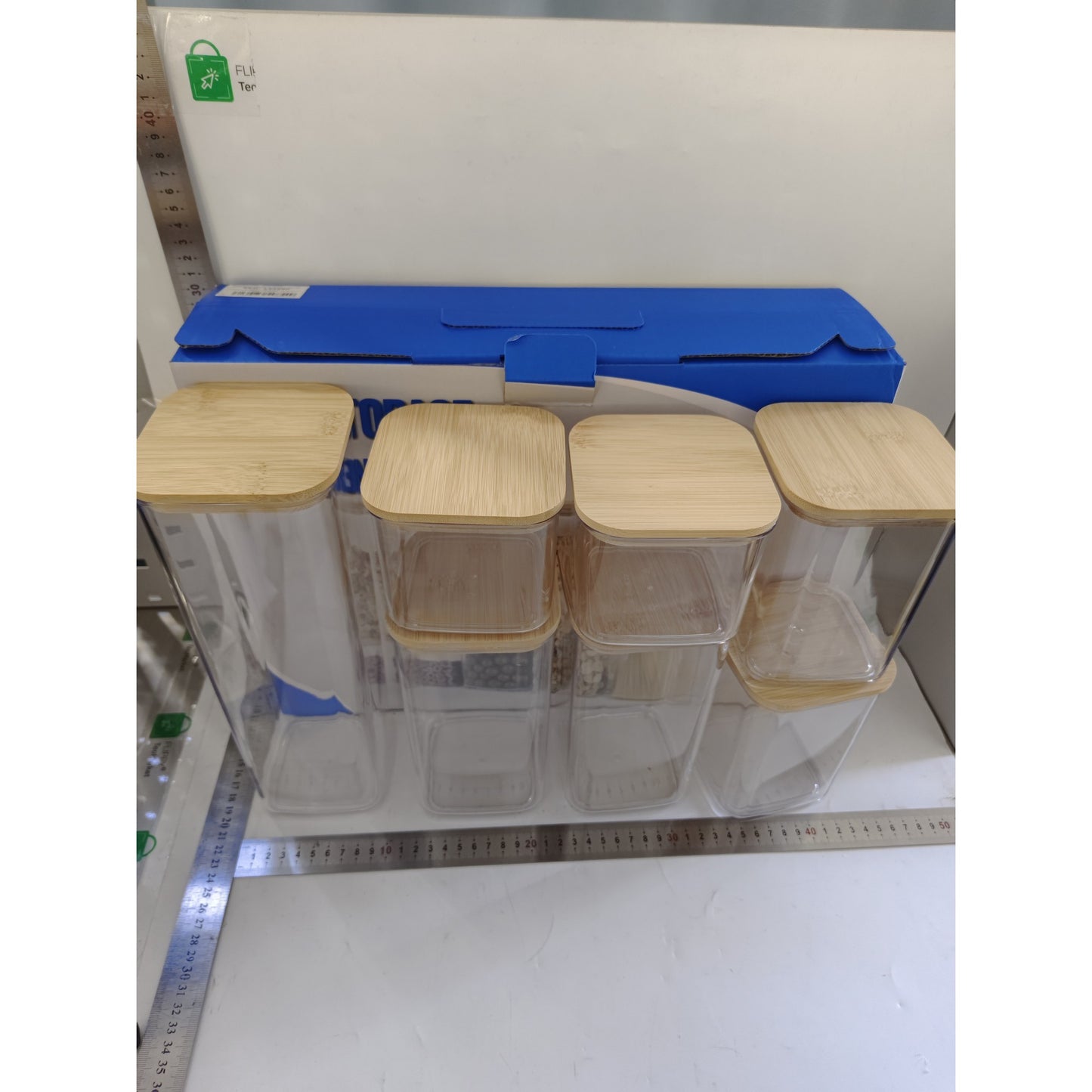 Cutii de Depozitare Alimente, Set din 7 Cutii de tip Container, Cutii pentru Cereale, din Plastic, Capac din Bambuc, 2pc 0.5 l, 2pc 0.8 l, 2pc 1.2 l, 1pc 2.5 l, Transparente