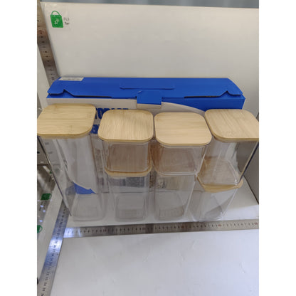 Cutii de Depozitare Alimente, Set din 7 Cutii de tip Container, Cutii pentru Cereale, din Plastic, Capac din Bambuc, 2pc 0.5 l, 2pc 0.8 l, 2pc 1.2 l, 1pc 2.5 l, Transparente
