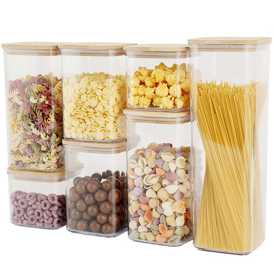 Cutii de Depozitare Alimente, Set din 7 Cutii de tip Container, Cutii pentru Cereale, din Plastic, Capac din Bambuc, 2pc 0.5 l, 2pc 0.8 l, 2pc 1.2 l, 1pc 2.5 l, Transparente