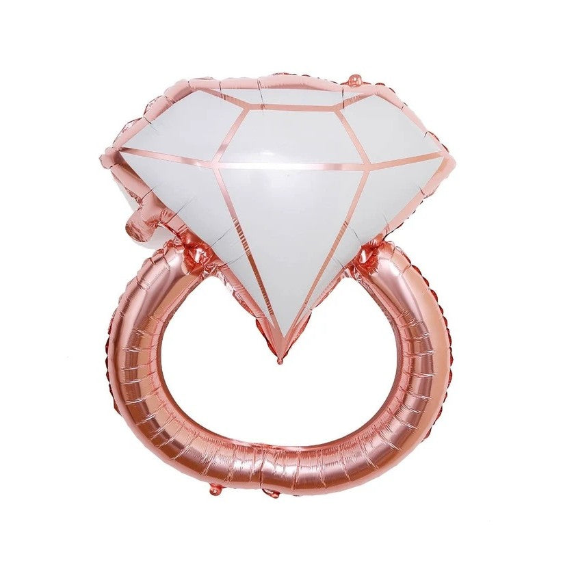 Balon din Folie Metalizata, Figurina Inel de Logodna, Model Diamant, Tema Nunta, 60 cm, Ambalaj Individual, Pai Inclus, Umflare cu Aer sau Heliu, Roz