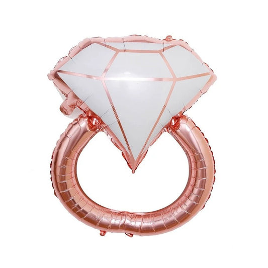 Balon din Folie Metalizata, Figurina Inel de Logodna, Model Diamant, Tema Nunta, 60 cm, Ambalaj Individual, Pai Inclus, Umflare cu Aer sau Heliu, Roz