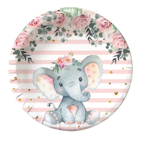 Set 10 Farfurii Unica Folosinta, Imprimeu Elefant, din Carton, 17 cm, Roz