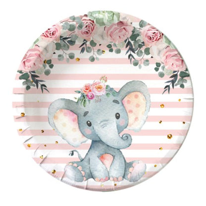 Set 10 Farfurii Unica Folosinta, Imprimeu Elefant, din Carton, 17 cm, Roz