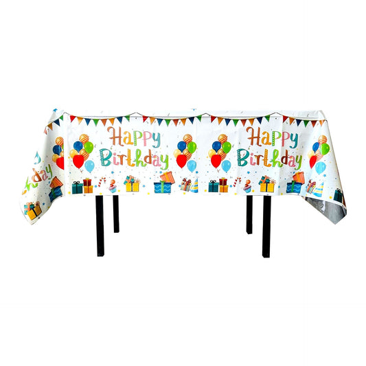 Fata de Masa, din Folie, Imprimeu Happy Birthday cu Baloane, 137 x 183 cm, Alb
